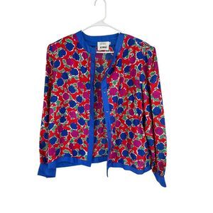 Vintage Casi Silk Top Women's Size 16 Red Blue Floral 100% Button Up Long Sleeve